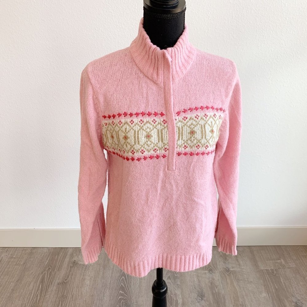 Vintage Columbia Quarter Zip Fair Isle Pink Wool Blend Sweater Womens Medium